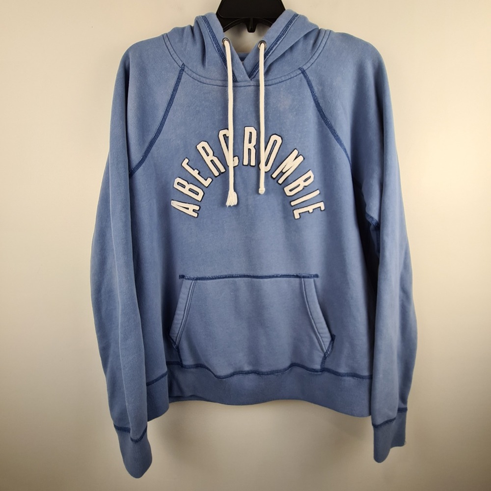 Abercrombie & Fitch Women XL Blue Logo Graphic Pullover Hoodie Raglan Sweatshirt